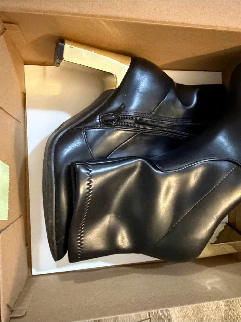 A New Day Black Leather Ankle Booties with Gold Block Heel